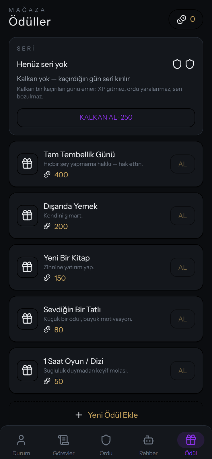 Ödül mağazası: seri kalkanı ve kişisel ödüller